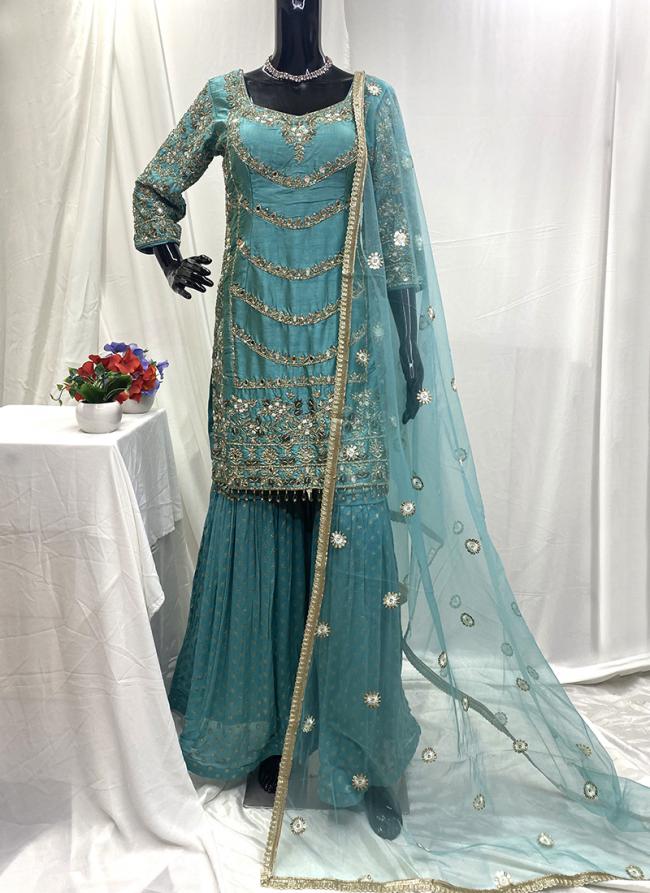 Silk Sky Blue Wedding Wear Sequence Work Readymade Sharara Suit